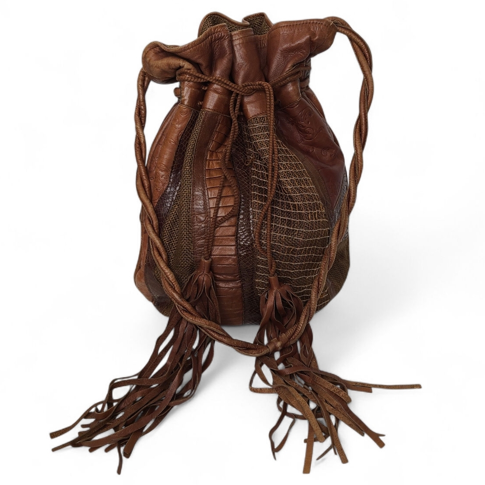 WALTER KATTEN Vintage Bucket Bag 80s Brown Leather Burlap Boho Hippie Festival